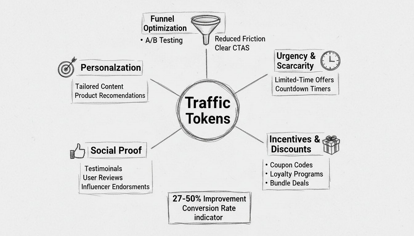 Diagram stratégií optimalizácie konverzií cez traffic tokeny – naliehavosť, incentívy, sociálny dôkaz, personalizácia a optimalizácia lievika