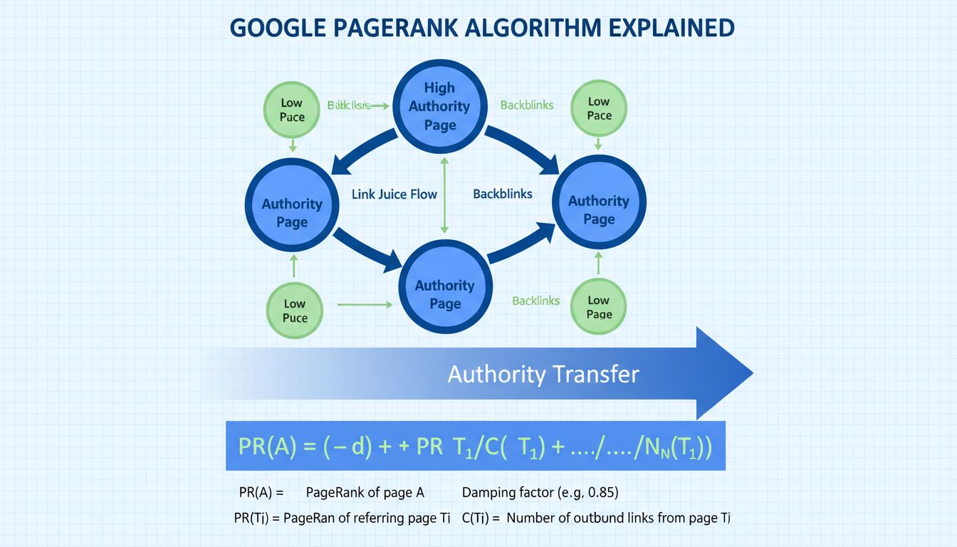 Diagram siete algoritmu PageRank zobrazujúci tok odkazov a prenos autority medzi webstránkami
