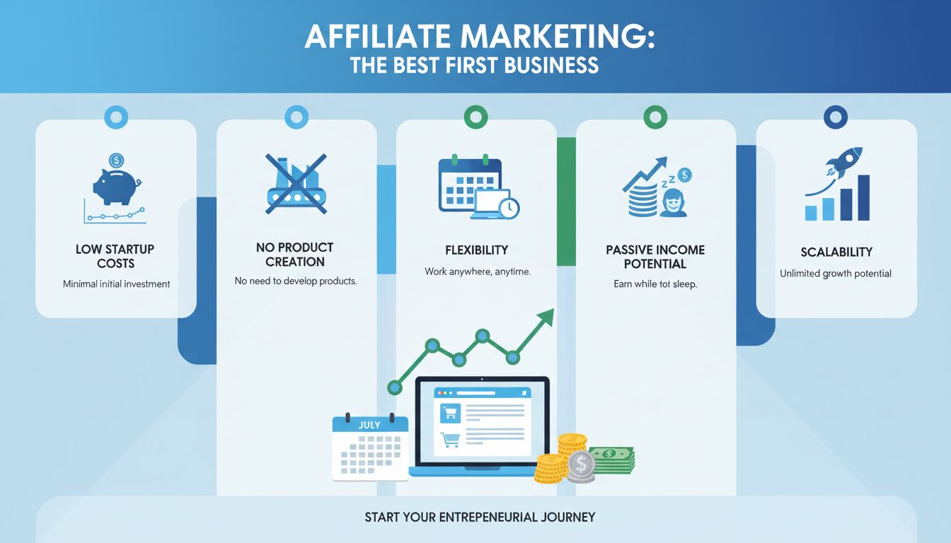 Infografika zobrazujúca výhody affiliate marketingu ako prvého podnikania vrátane nízkych nákladov, flexibility, pasívneho príjmu a škálovateľnosti
