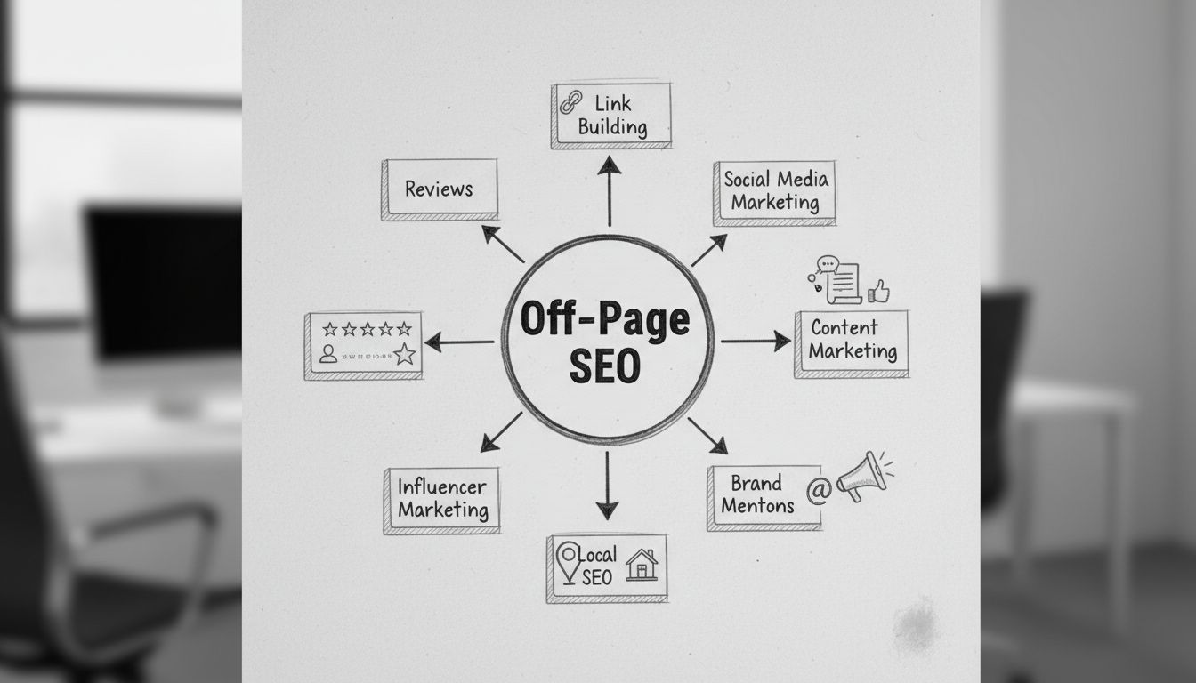 Diagram off-page SEO stratégií zobrazujúci linkbuilding, marketing na sociálnych sieťach, content marketing, zmienky o značke, lokálne SEO, influencer marketing a recenzie