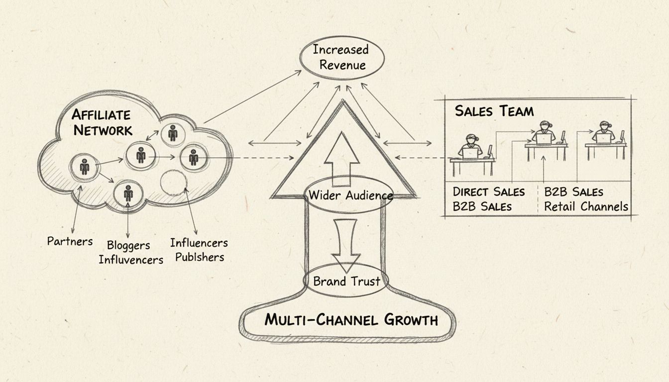 Diagram ukazujúci synergiu medzi affiliate sieťou a predajným tímom so zbiehajúcimi sa šípkami znázorňujúcimi zvýšenie príjmov, širší dosah a dôveru v značku