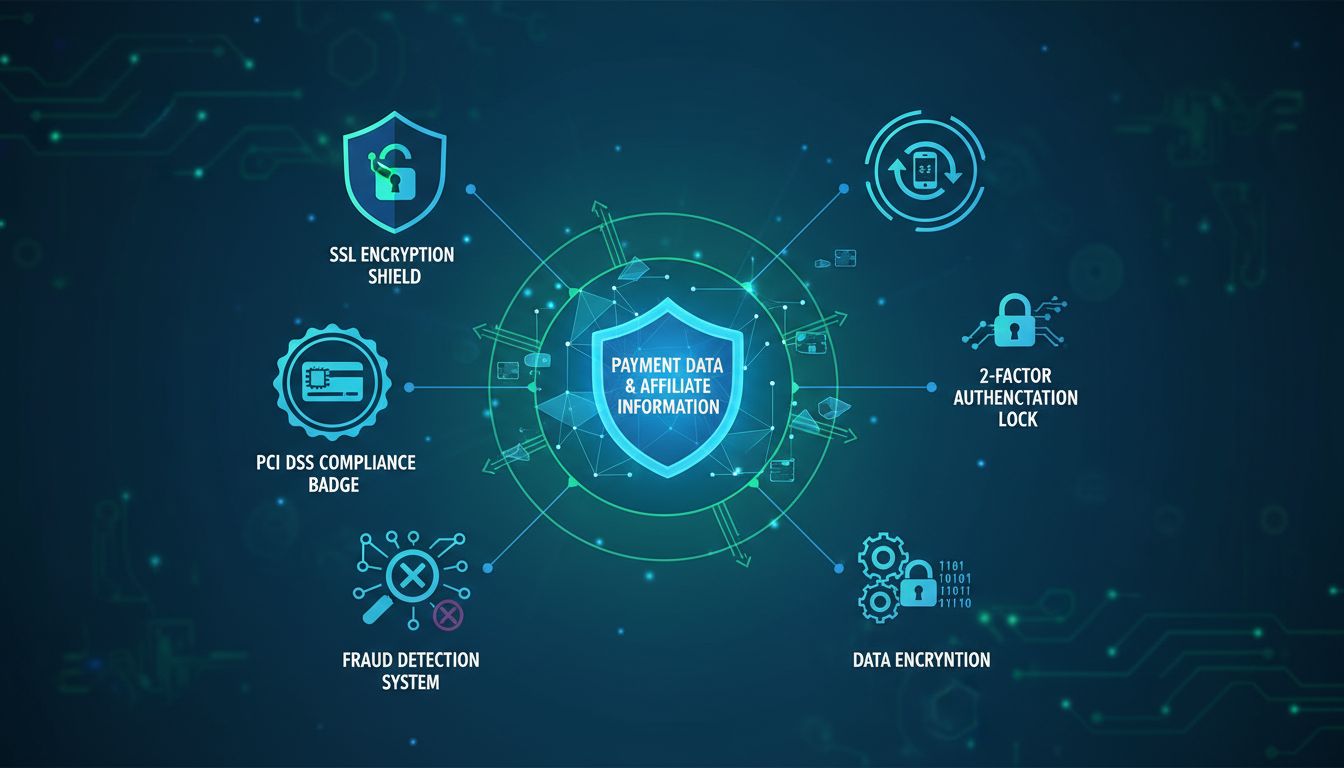 Bezpečnostné vrstvy affiliate pluginu vrátane SSL šifrovania, PCI DSS súladu, 2FA overenia, detekcie podvodov a šifrovania údajov