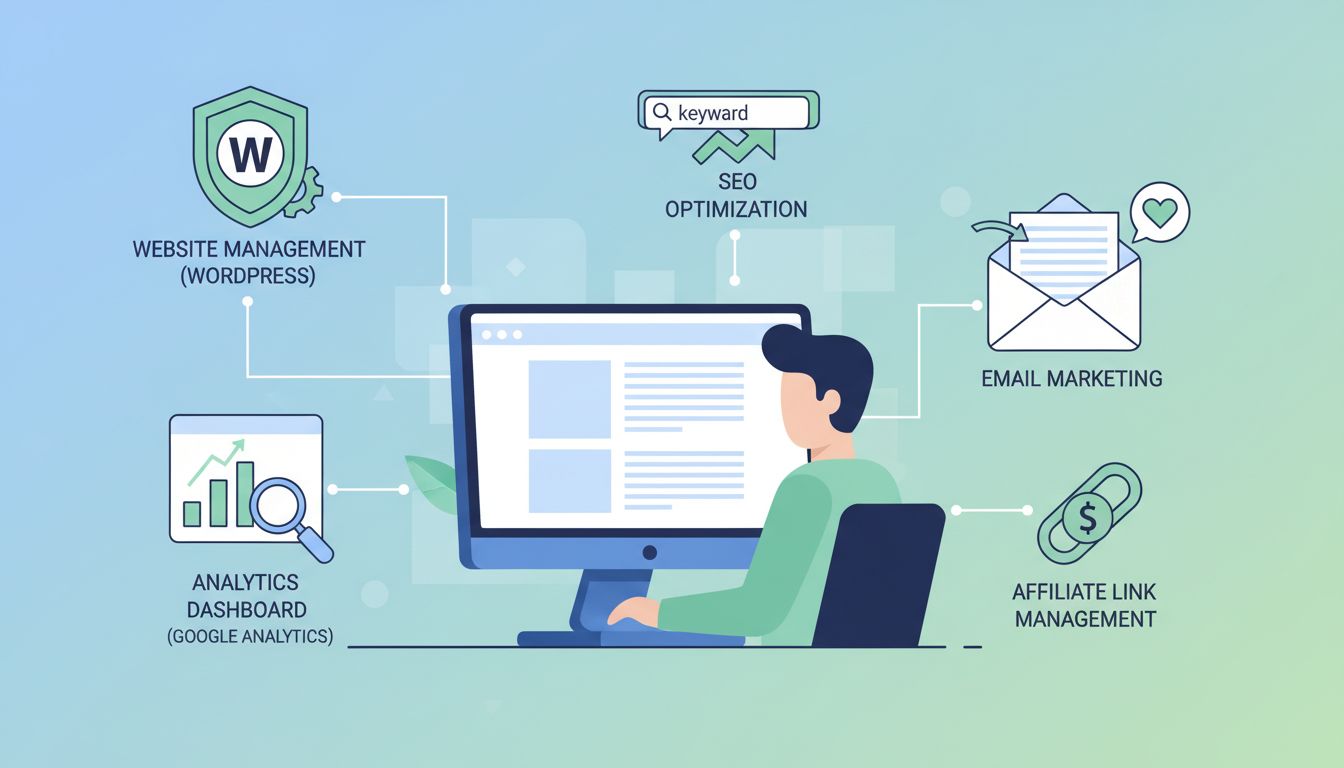 Infografika affiliate marketingových technických zručností: správa webu, analytika, SEO, email marketing a správa odkazov