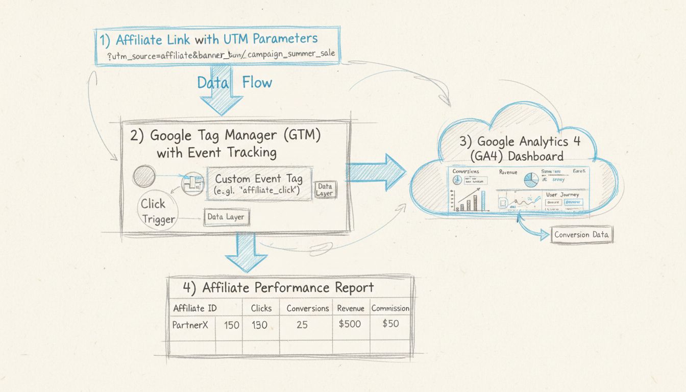 Diagram nastavenia affiliate sledovania v Google Analytics zobrazujúci UTM parametre, Google Tag Manager, GA4 dashboard a reporting výkonnosti affiliate partnerov