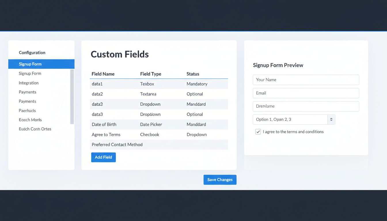 Rozhranie konfigurácie registračného formulára v Post Affiliate Pro so zobrazením nastavenia vlastných polí, typov polí a možností stavu