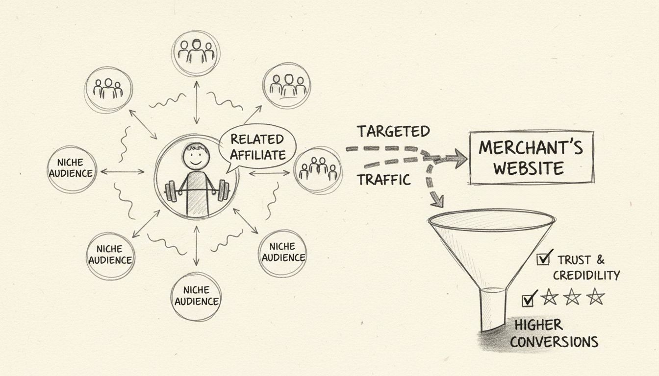 Ručne kreslená schéma znázorňujúca, ako príbuzní partneri privádzajú cielenú návštevnosť prostredníctvom výklenkového publika na weby obchodníkov s vyššou mierou konverzie a indikátormi dôvery