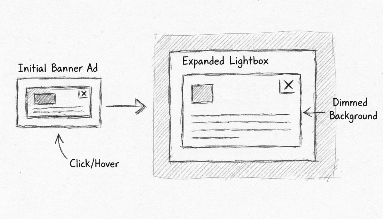 Ručne kreslená schéma znázorňujúca, ako sa lightbox bannery rozširujú z malého počiatočného banneru na prekrytie celej obrazovky so stmaveným pozadím