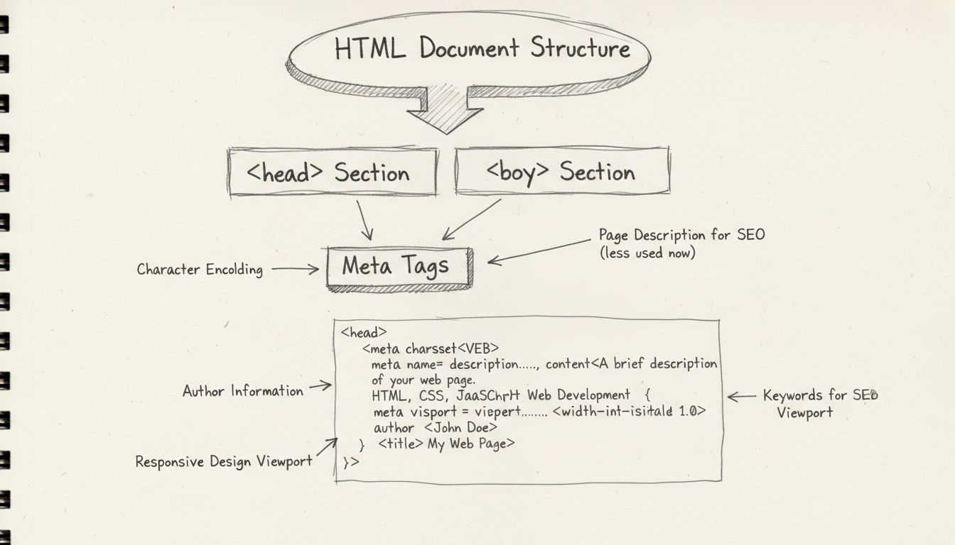 HTML meta tags structure diagram showing head section with charset, description, keywords, author, and viewport meta tags