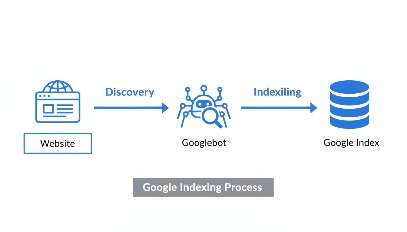 Diagram procesu indexácie Google zobrazujúci fázy Discovery, Crawling a Indexing