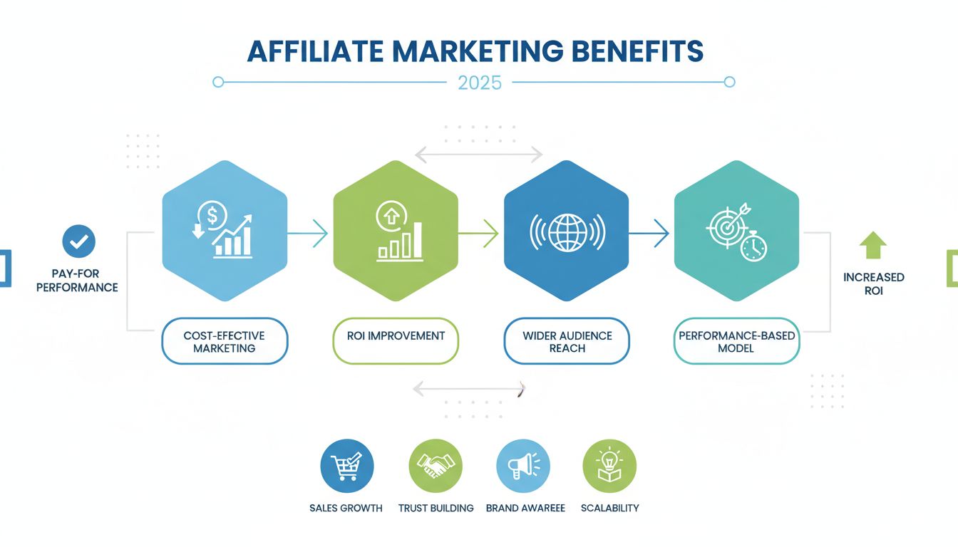 Infografika výhod affiliate marketingu ukazujúca nákladovo efektívny marketing, zlepšenie ROI, širší dosah a výkonovo orientovaný model