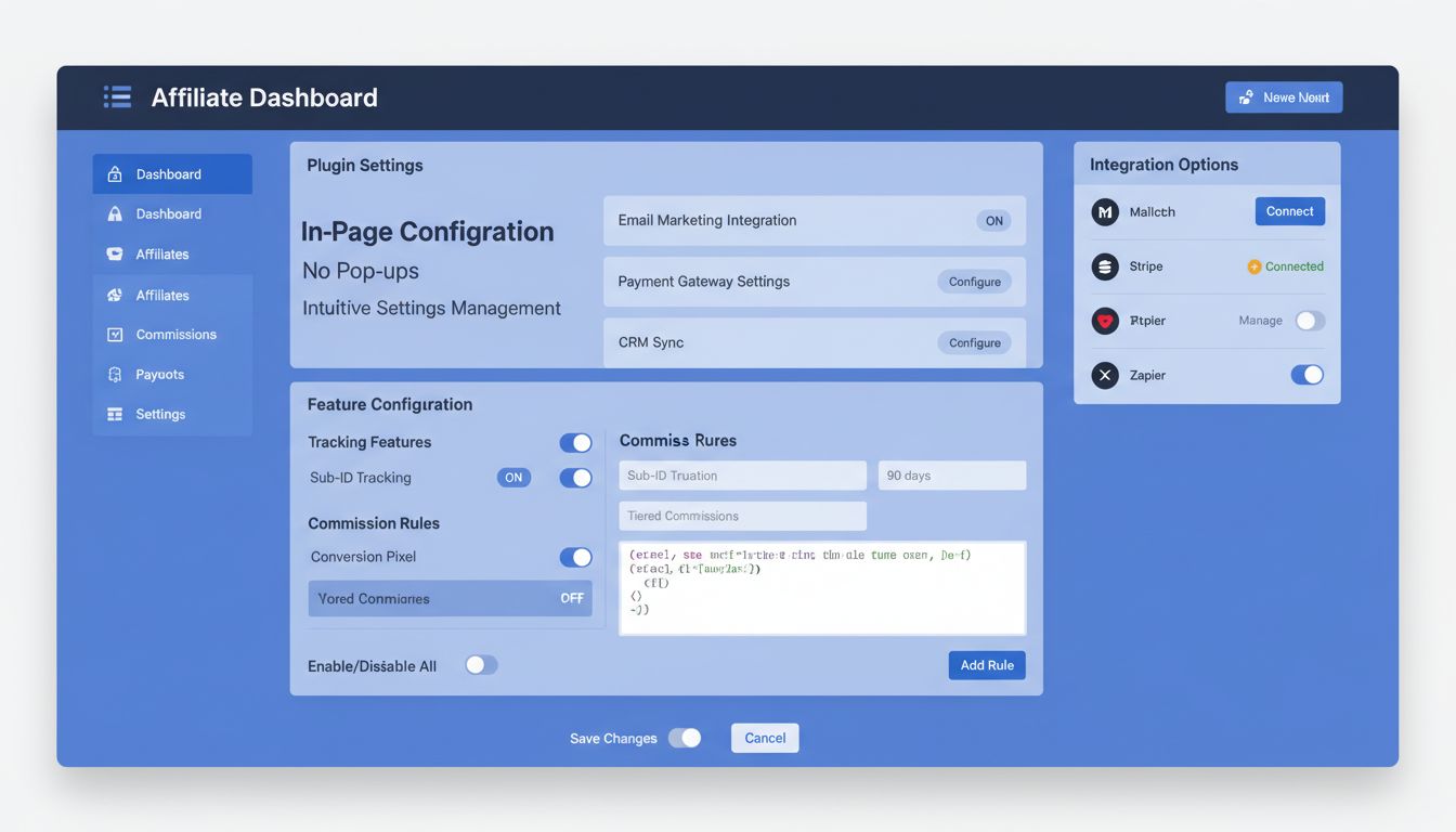 Moderný ovládací panel affiliate softvéru zobrazujúci konfiguráciu pluginov priamo na stránke s prepínačmi a rozbaľovacími ponukami