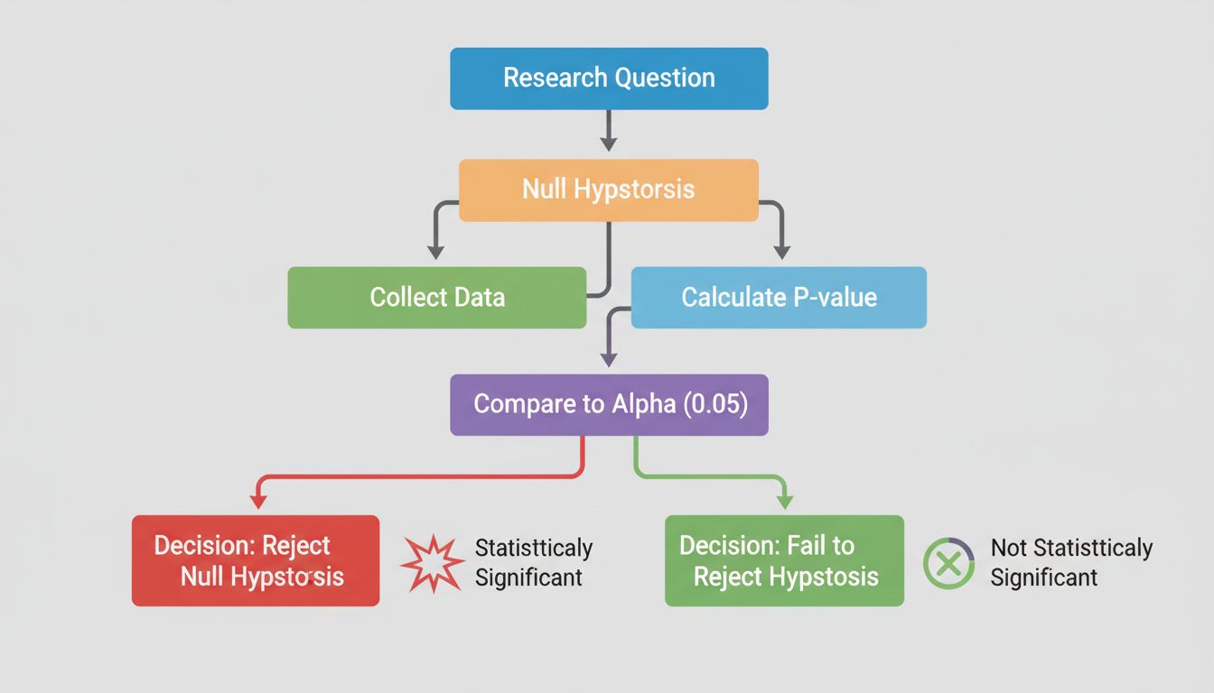 Hypothesis testing workflow showing research question through data collection to final decision on statistical significance