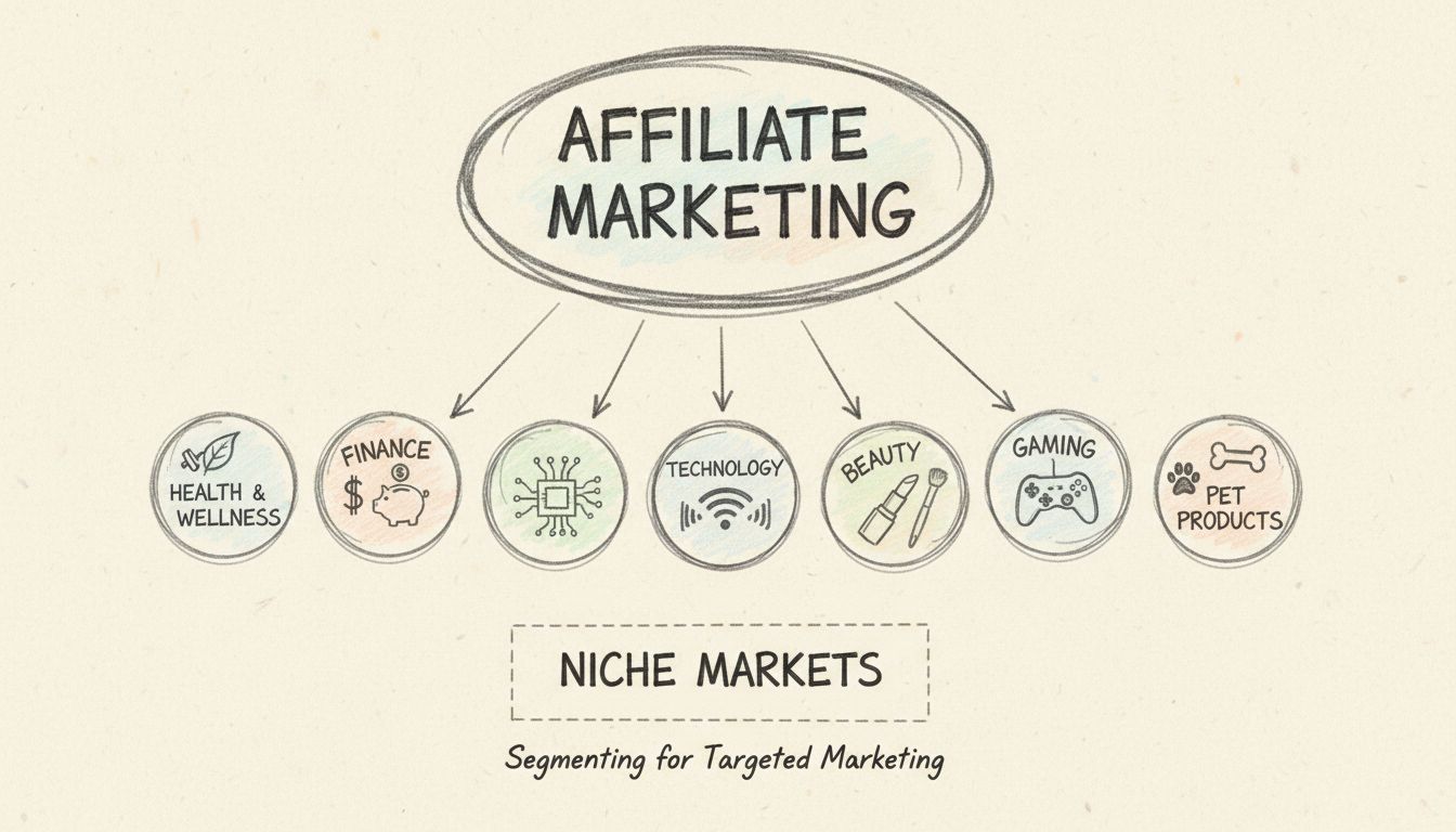 Diagram segmentácie niche v affiliate marketingu ukazujúci, ako sa široký trh rozdeľuje na špecifické niche oblasti vrátane zdravia a wellness, financií, technológií, krásy, hier a produktov pre domácich miláčikov