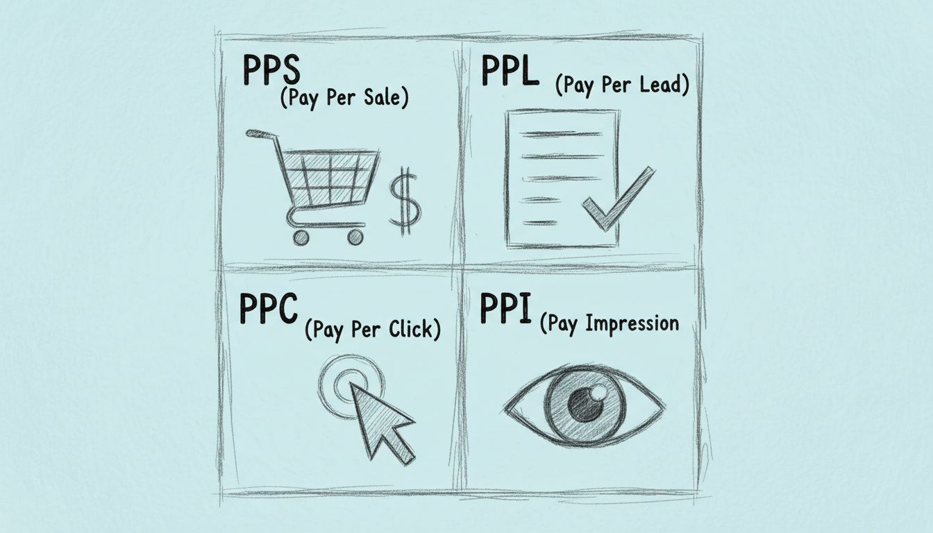 Porovnávací diagram modelov affiliate výplat: PPS, PPL, PPC a PPI