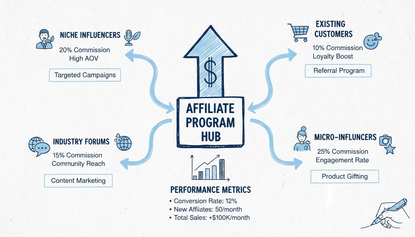 Diagram stratégie náboru affiliate partnerov znázorňujúci viaceré cesty vrátane špecializovaných influencerov, existujúcich zákazníkov, odvetvových fór a mikroinfluencerov s províznymi sadzbami a výkonnostnými metrikami