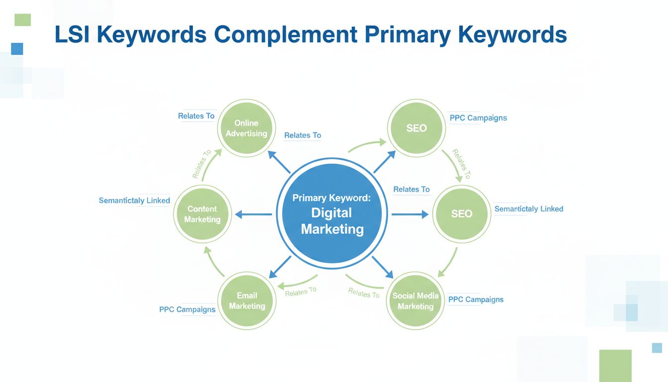 LSI Keywords Complement Primary Keywords - Infografika zobrazujúca centrálne hlavné kľúčové slovo s prepojenými sémantickými kľúčovými slovami