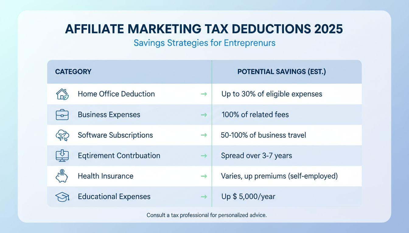 Affiliate Marketing Tax Deductions 2025 - Infografika zobrazujúca odpočty za domácu kanceláriu, podnikateľské výdavky, softvér, cestovanie, vybavenie, dôchodok, zdravotné poistenie a vzdelanie