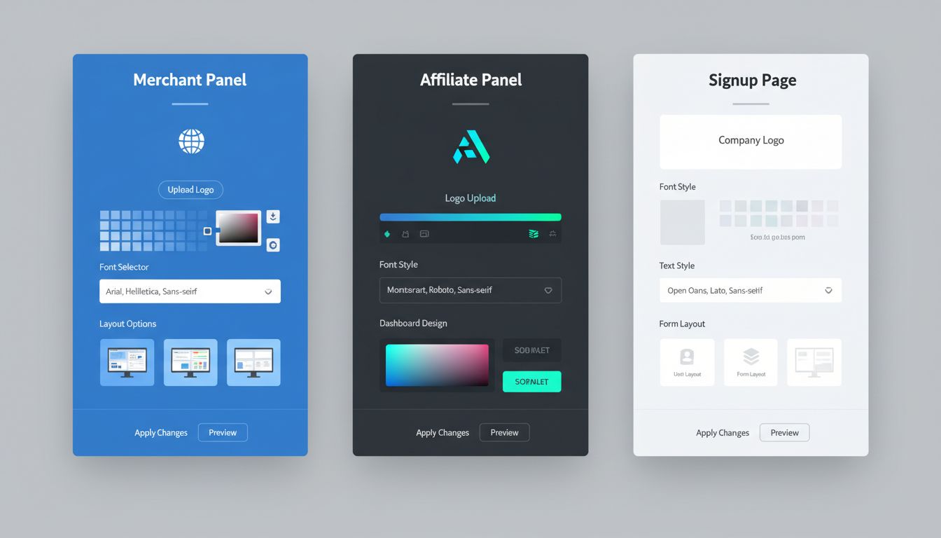 Rozhranie úpravy témy v Post Affiliate Pro zobrazujúce možnosti prispôsobenia Merchant Panelu, Affiliate Panelu a prihlasovacej stránky s výberom farieb, nahrávaním loga a nastaveniami rozloženia