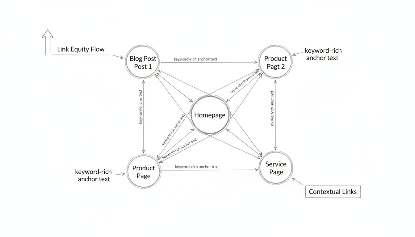 Diagram stratégie interného prelinkovania zobrazujúci webovú centrálu prepojenú s viacerými stránkami pomocou ukotveného textu s kľúčovými slovami a tok hodnoty odkazov