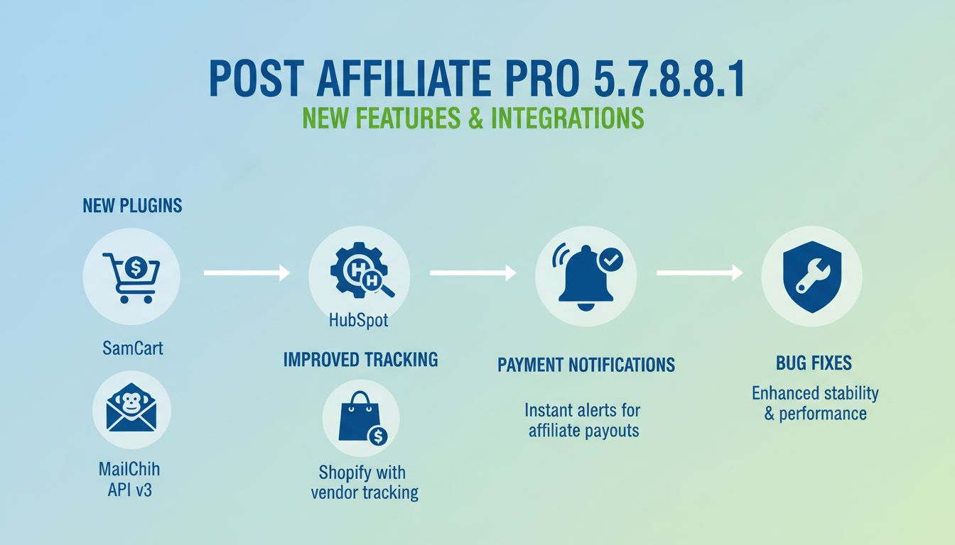 Infografika nových funkcií Post Affiliate Pro 5.7.8.1 zobrazujúca integrácie SamCart, MailChimp API v3, HubSpot, Shopify a platobné notifikácie