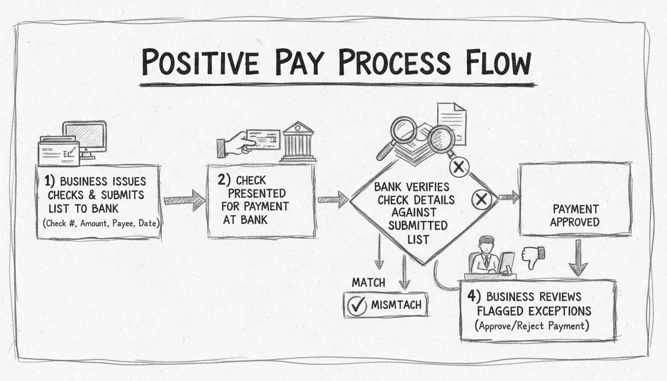 Diagram procesu Positive Pay zobrazujúci štyri kroky: vystavenie šeku, odoslanie do banky, overenie, a kontrola zo strany firmy