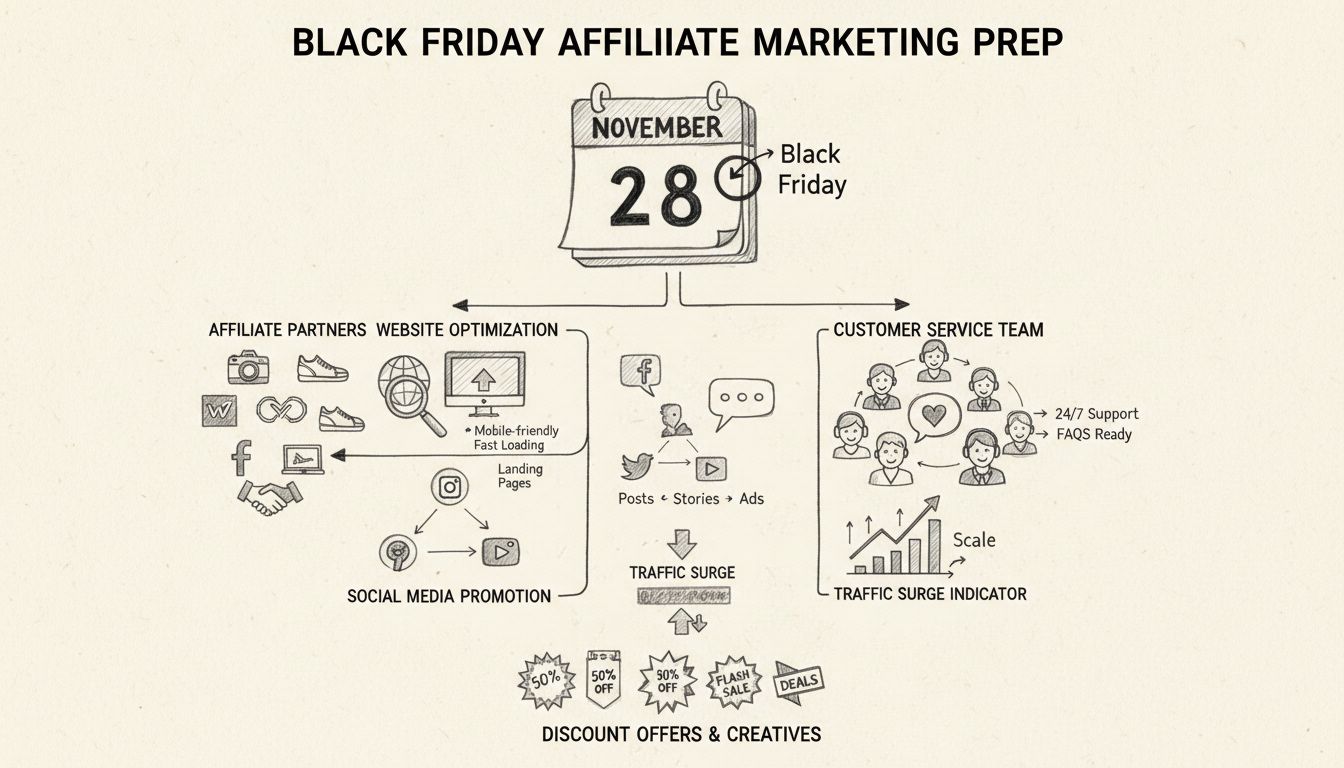 Kontrolný zoznam prípravy na Black Friday affiliate marketing s kalendárom, affiliate partnermi, optimalizáciou webu, propagáciou na sociálnych sieťach, zákazníckym servisom a indikátormi zvýšenej návštevnosti