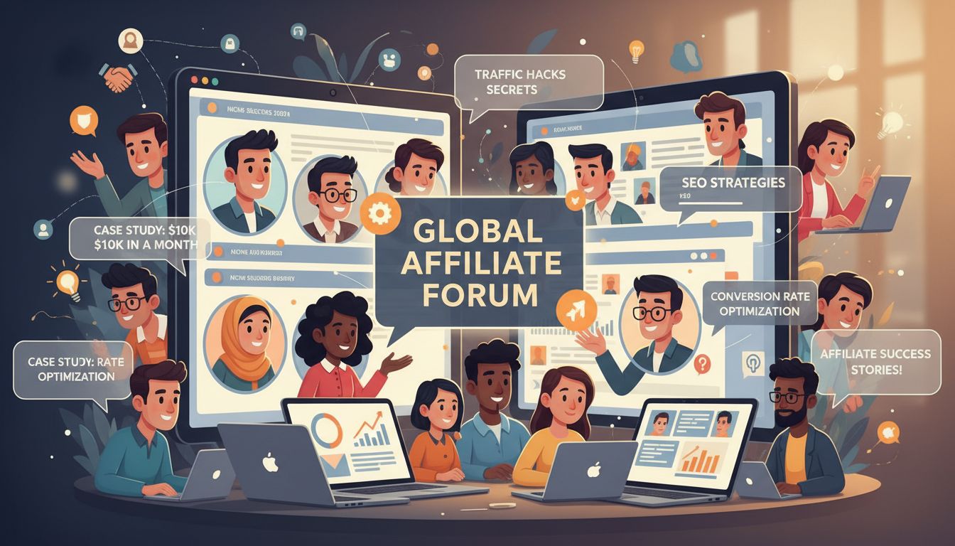 Rozmanití affiliate marketéri spolupracujúci v online komunitnom fóre, diskutujúci o stratégiách a zdieľaní prípadových štúdií
