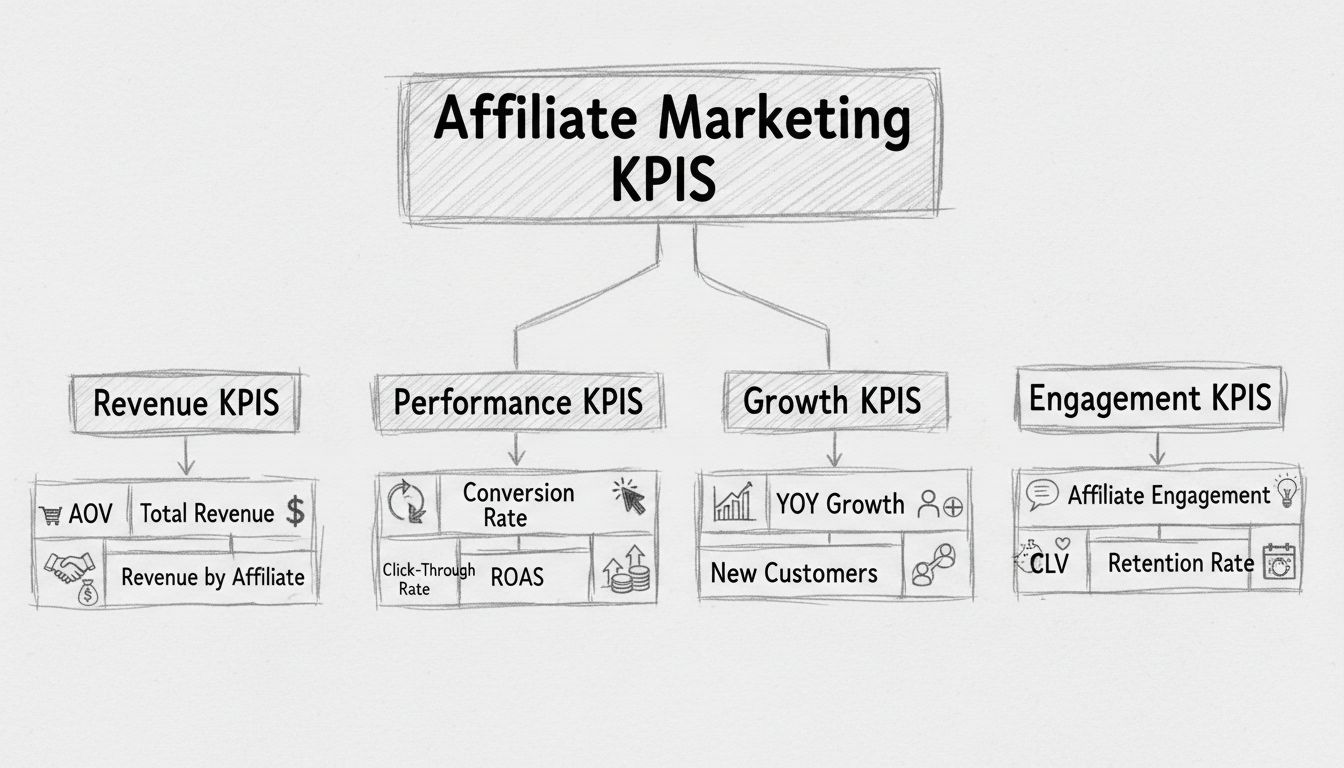 Hierarchia KPI v affiliate marketingu – schéma s príjmami, výkonnosťou, rastom a angažovanosťou