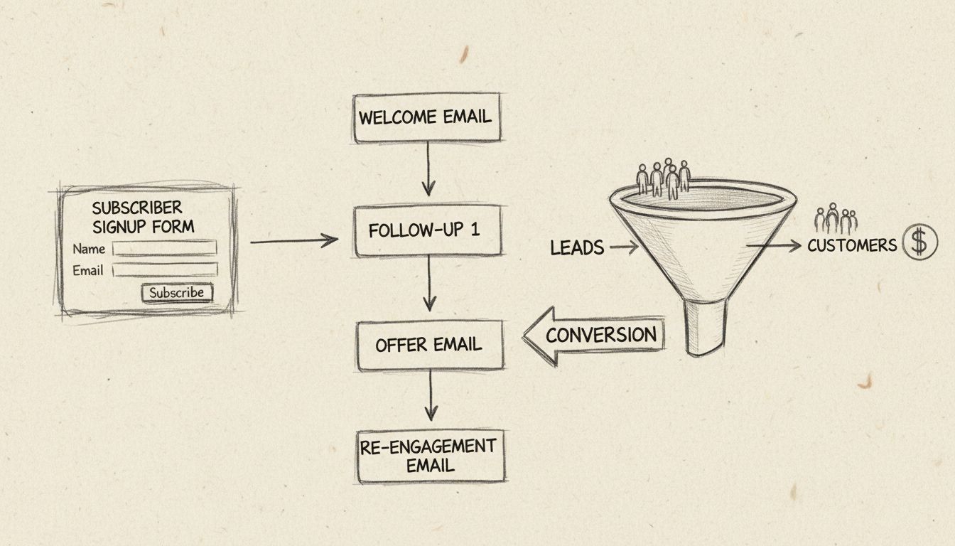 Diagram workflowu emailového autorespondera zobrazujúci prihlásenie odberateľa, automatizovanú emailovú sekvenciu a konverzný lievik