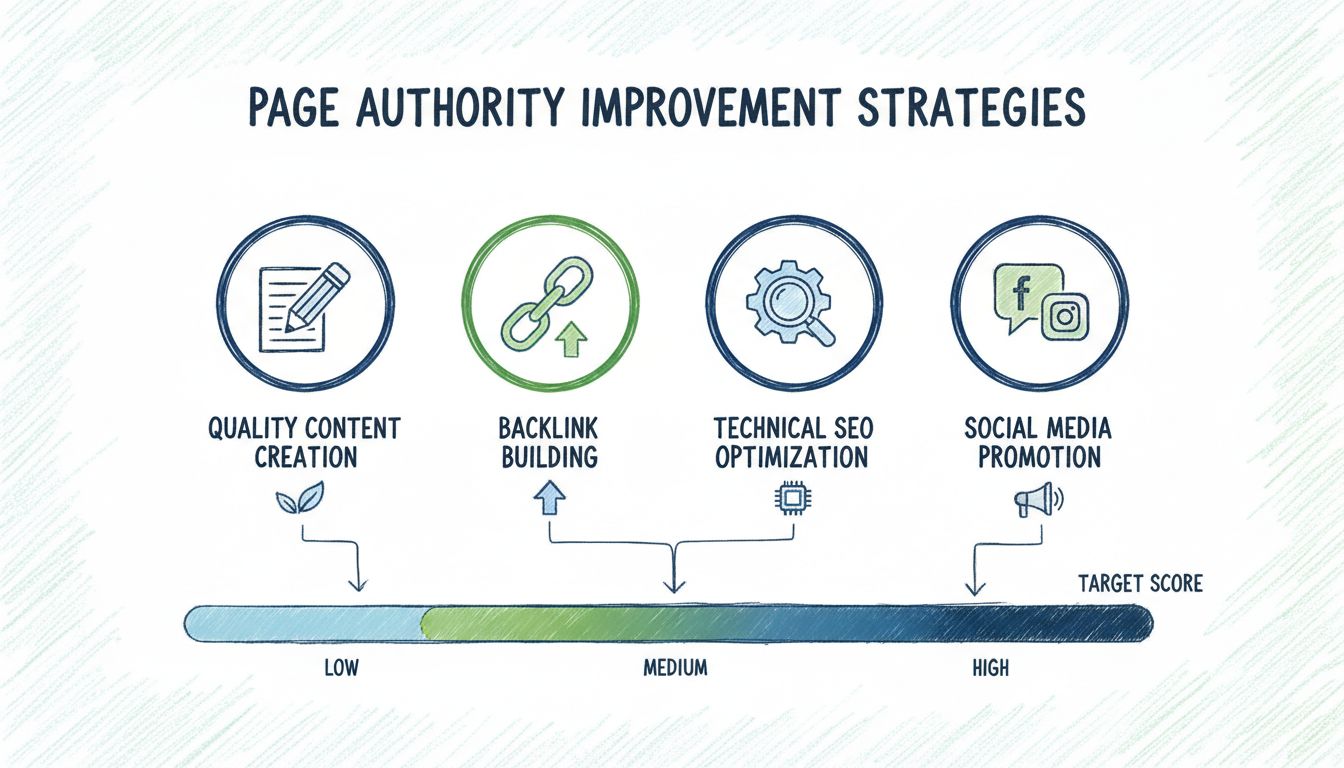 Infografika stratégií na zlepšenie autority stránky: tvorba kvalitného obsahu, budovanie spätných odkazov, optimalizácia technického SEO a propagácia na sociálnych sieťach so škálou PA skóre