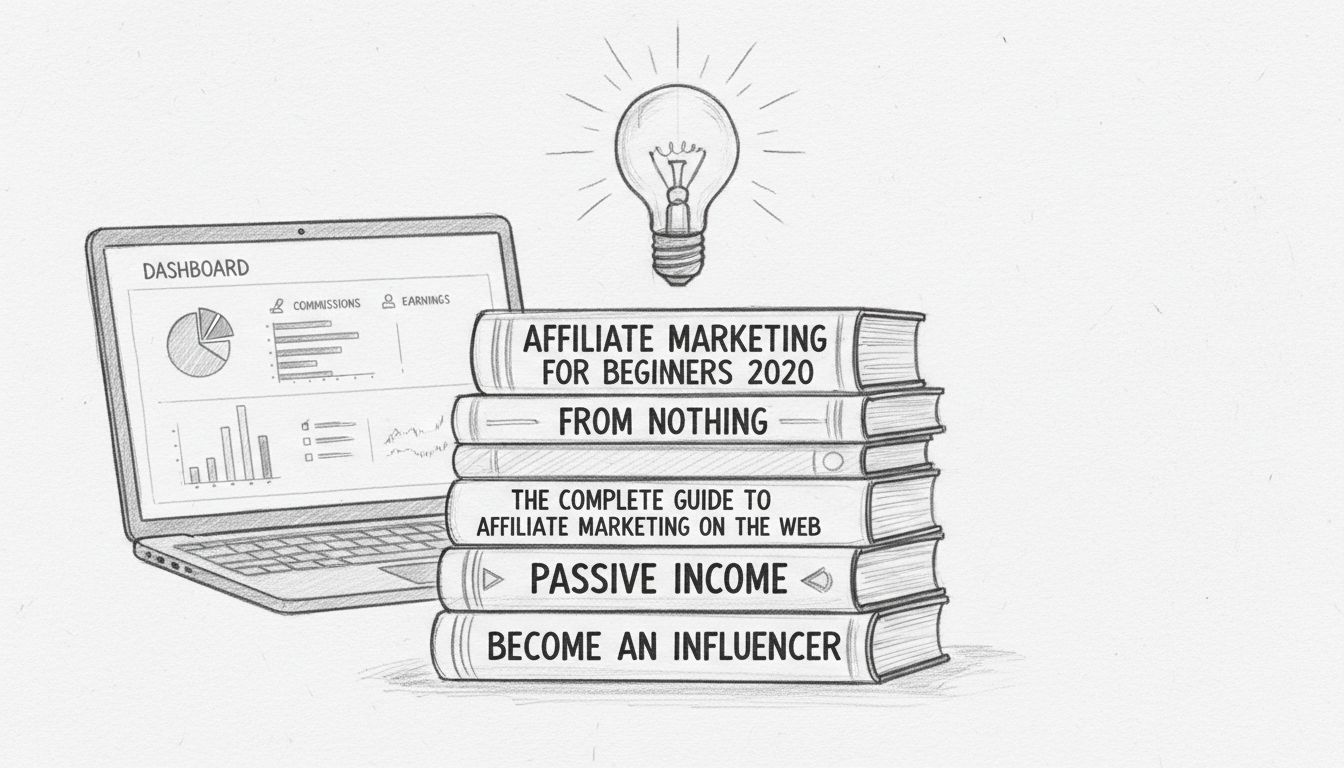 Stoh kníh o affiliate marketingu so žiarovkou symbolizujúcou učenie a poznanie