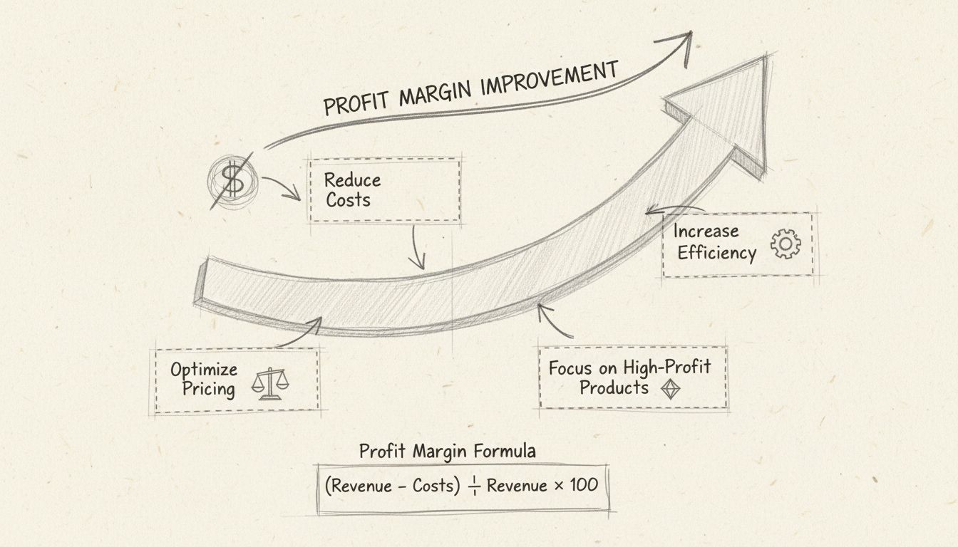 Diagram stratégií zlepšenia ziskovej marže zobrazujúci znižovanie nákladov, optimalizáciu cien, zvyšovanie efektivity a zameranie na vysoko ziskové produkty