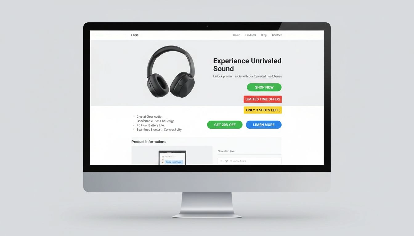 Profesionálna affiliate marketingová landing page zobrazujúca viacero príkladov CTA tlačidiel s naliehavými správami a správnym umiestnením