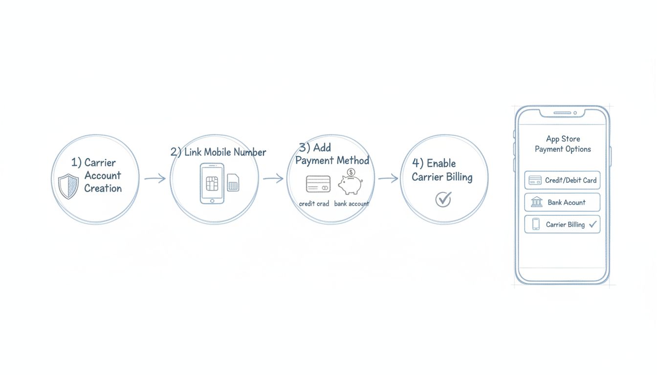 Schéma procesu nastavenia mobilnej platby zobrazujúca štyri kroky: vytvorenie účtu u operátora, prepojenie mobilného čísla, pridanie spôsobu platby a povolenie platby cez operátora
