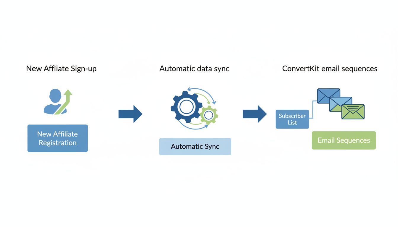 Pracovný postup integrácie ConvertKit zobrazujúci automatickú registráciu partnerov, synchronizáciu údajov a automatizáciu e-mailových sekvencií
