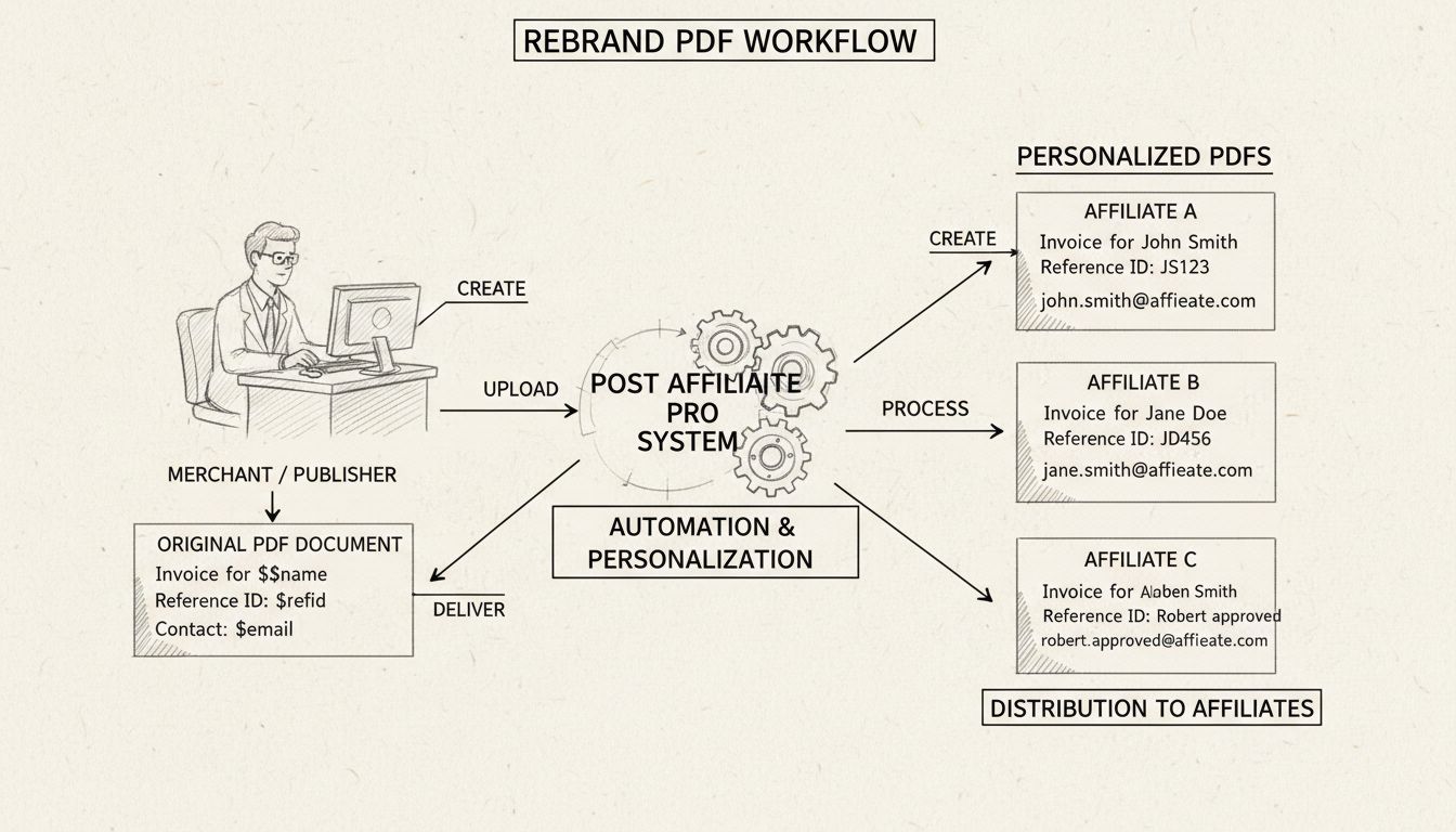 Diagram pracovného postupu Rebrand PDF zobrazujúci, ako obchodníci vytvárajú PDF s premennými, ktoré sa automaticky personalizujú pre každého partnera
