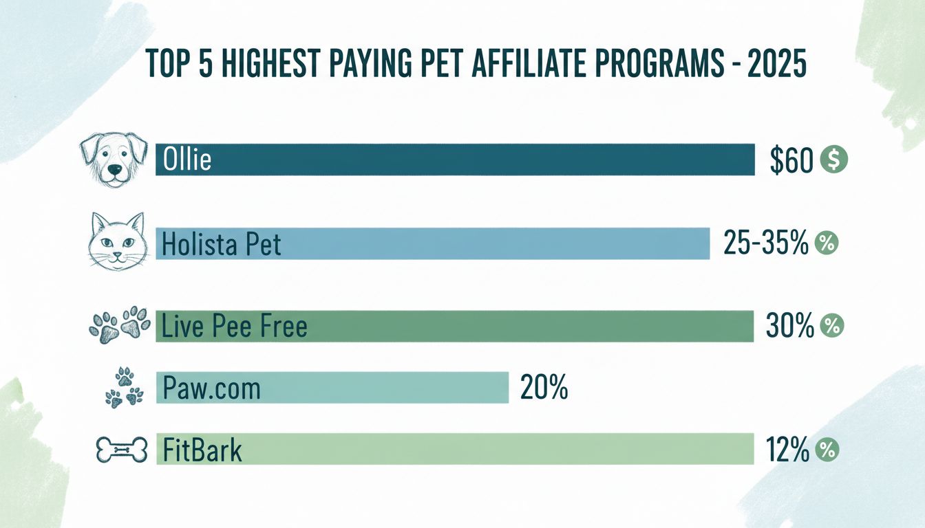 Infografika: Top 5 najlepšie platených affiliate programov pre domáce zvieratá 2025 – Ollie 60 $, Holista Pet 25-35 %, Live Pee Free 30 %, Paw.com 20 %, FitBark 12 % provízia
