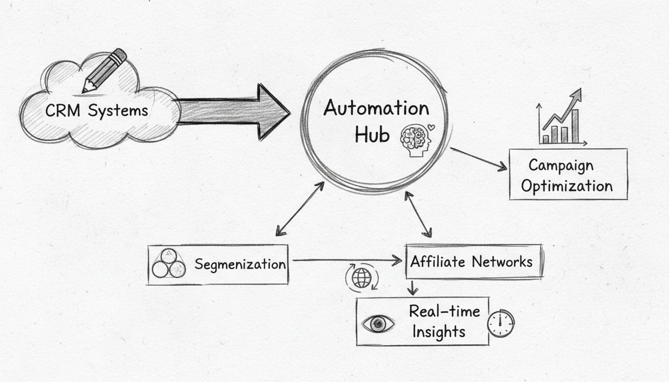 Diagram automatizovaného workflow zobrazujúceho zber údajov, segmentáciu, personalizáciu a optimalizáciu kampaní pre affiliate marketing