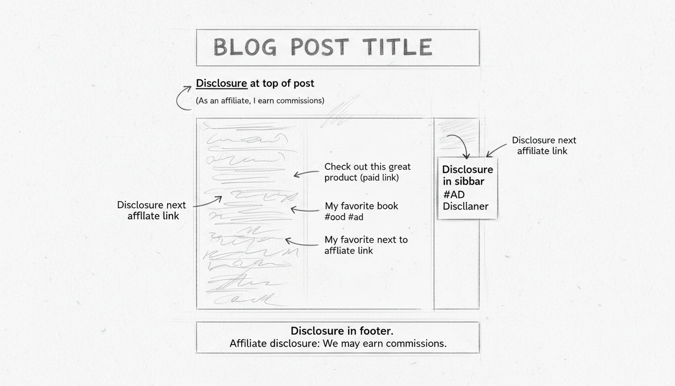 Ručne kreslená schéma zobrazujúca najlepšie postupy umiestnenia affiliate zverejnenia s popismi vrchná časť príspevku, vedľa odkazov, päta a bočný panel