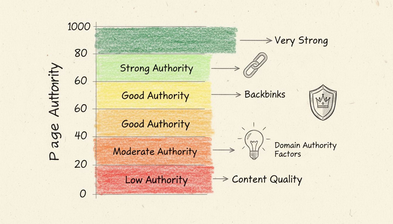 Diagram škály Page Authority zobrazujúci farebne rozlíšené zóny od 0 do 100 s úrovňami autority a ovplyvňujúcimi faktormi