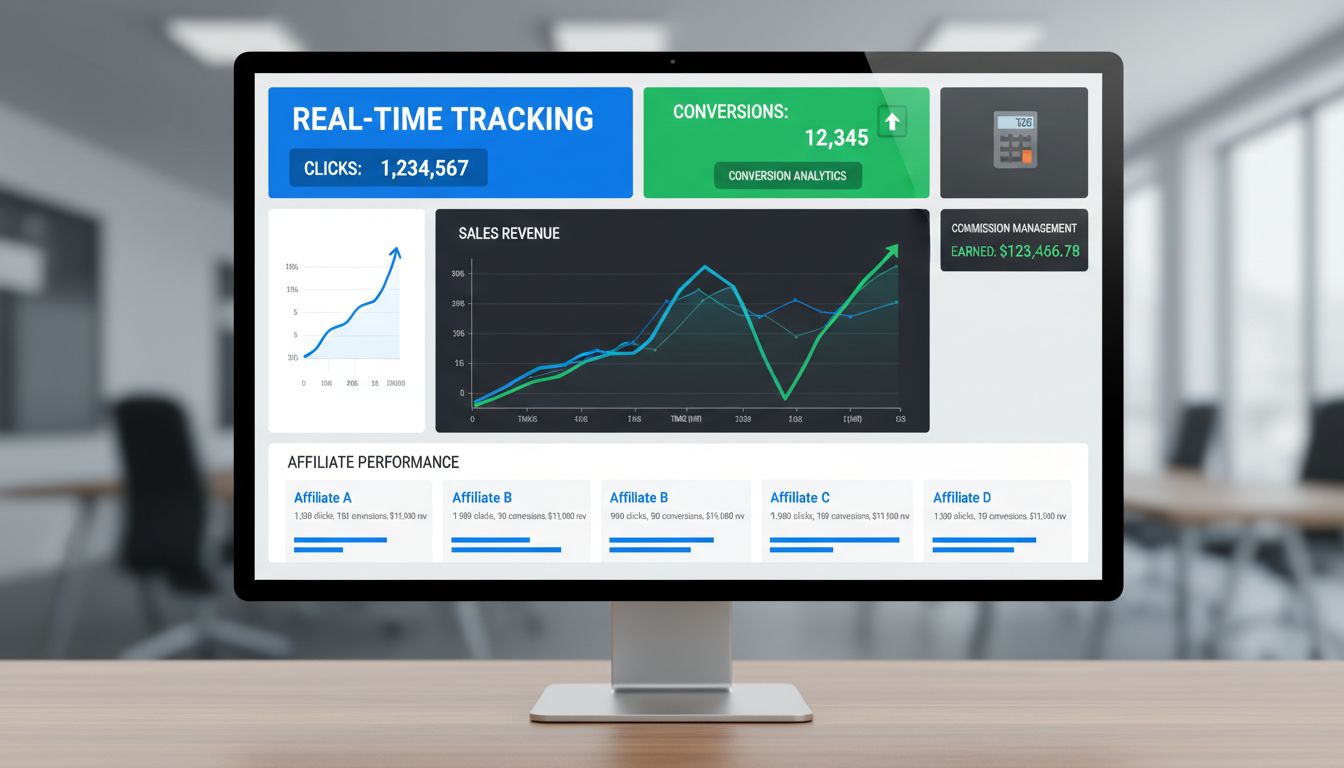 Affiliate marketing tracking software dashboard showing real-time metrics, conversion analytics, and commission management