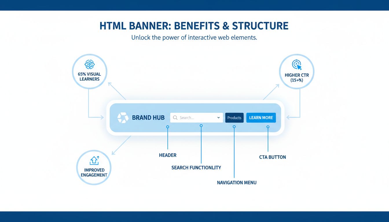 Infografika výhod HTML bannerov zobrazujúca interaktívne prvky, metriky a funkcie zapojenia