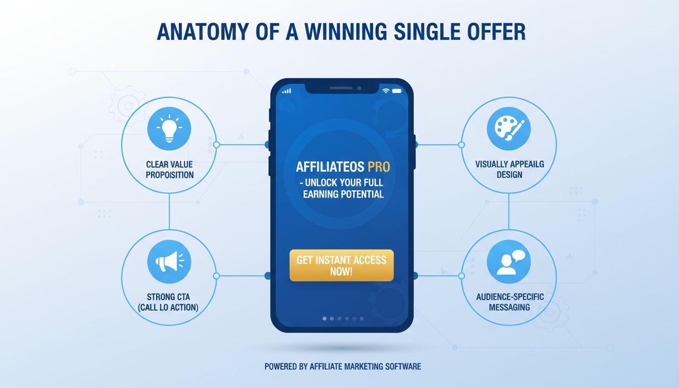 Infografika zobrazujúca kľúčové komponenty efektívnych jednorazových ponúk vrátane hodnotovej ponuky, vizuálnej príťažlivosti, CTA a cielenia na publikum