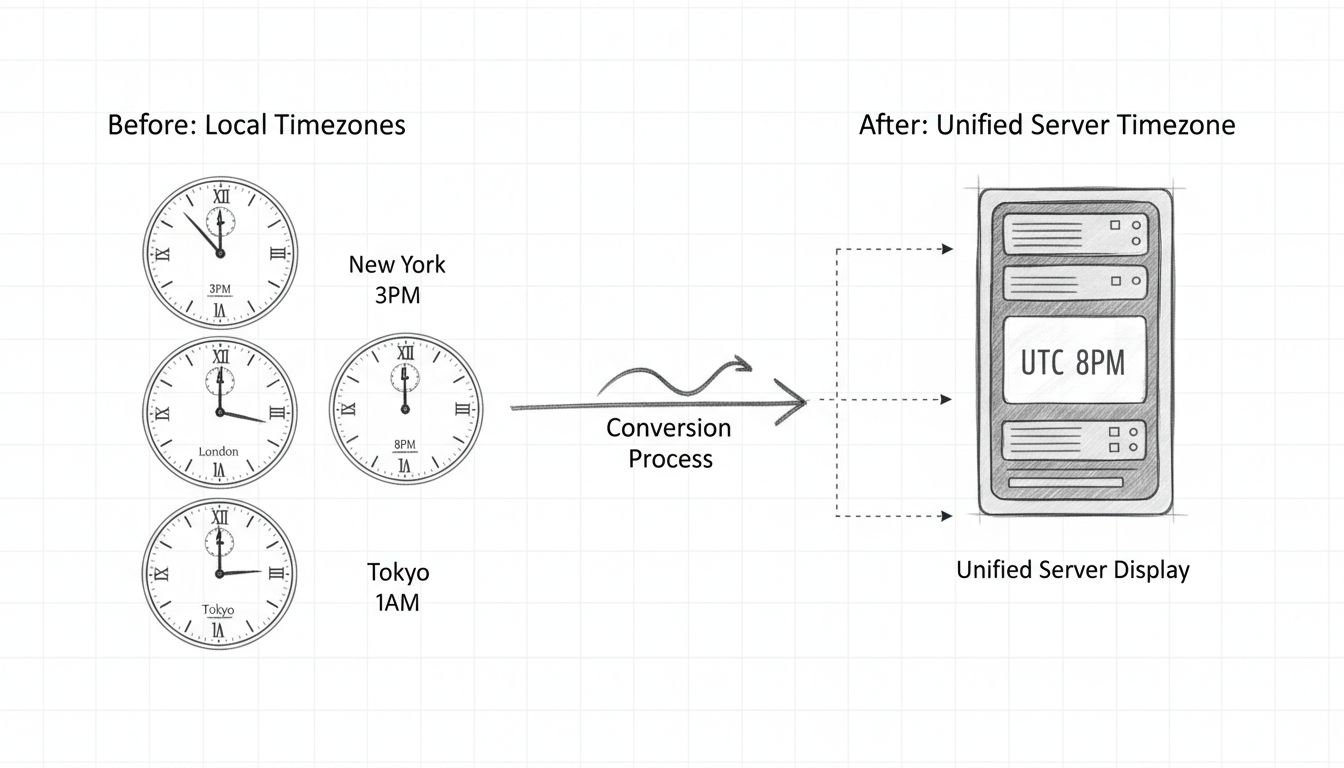 Diagram zjednotenia časových pásiem znázorňujúci konverziu viacerých lokálnych časových pásiem na zjednotené serverové časové pásmo