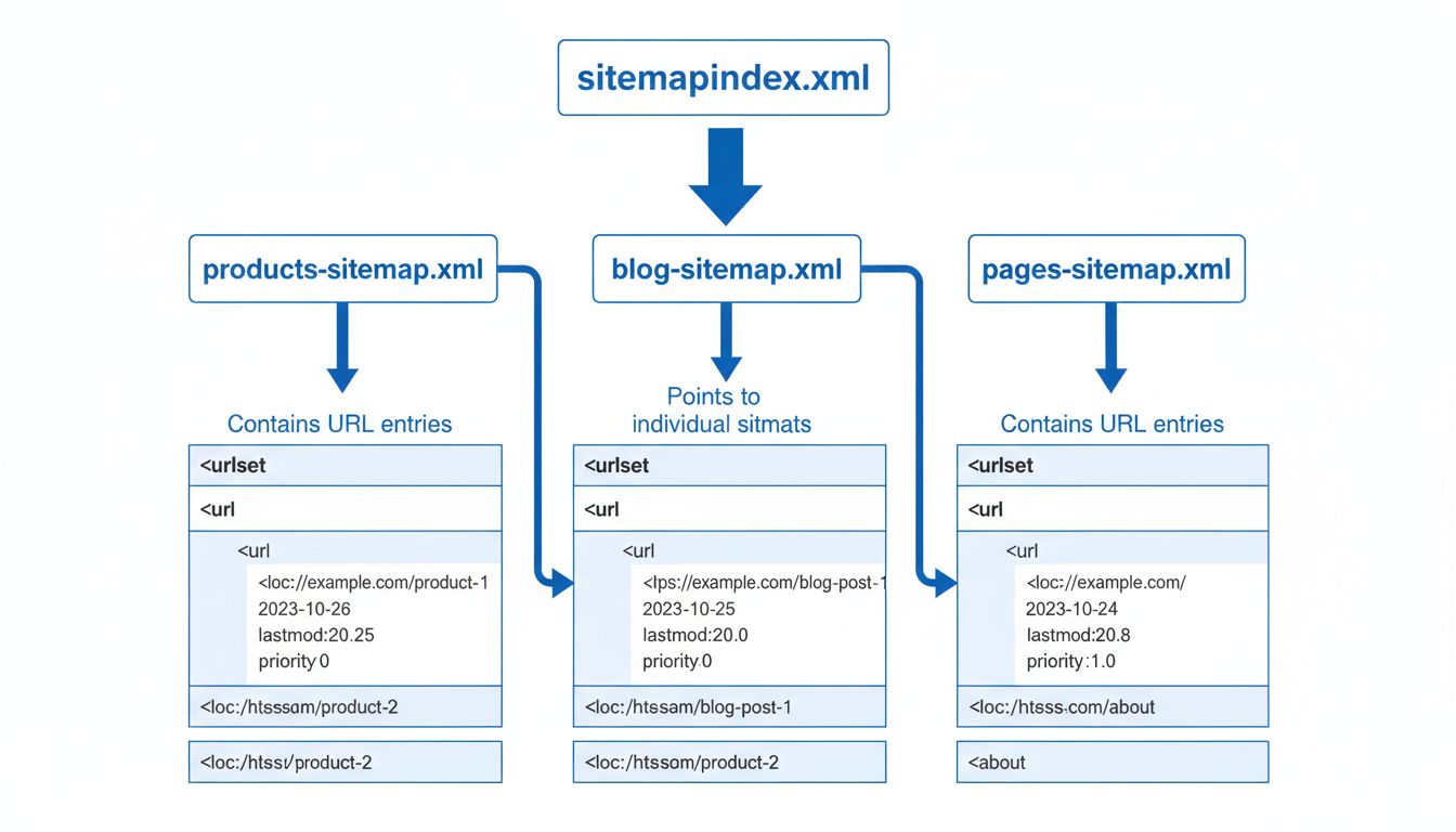 Diagram štruktúry XML sitemap zobrazujúci sitemap index prepojený s viacerými individuálnymi sitemaps obsahujúcimi URL položky
