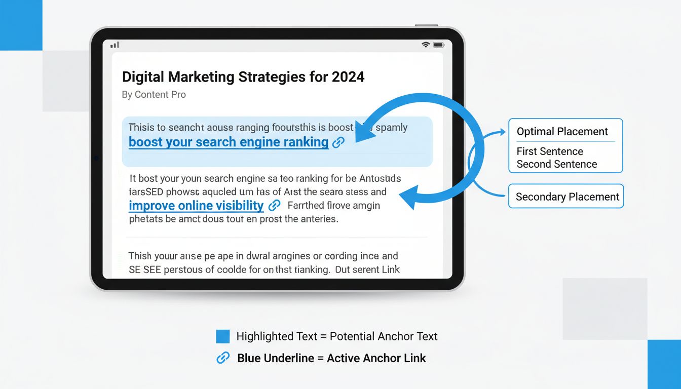 Diagram znázorňujúci optimálne umiestnenie anchor textu v prvej a druhej vete obsahu s vizuálnymi indikátormi