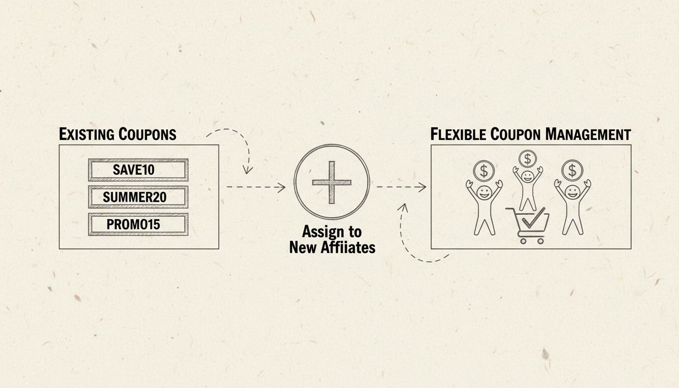 Workflow správy kupónov zobrazujúci priraďovanie existujúcich kupónov novým partnerom