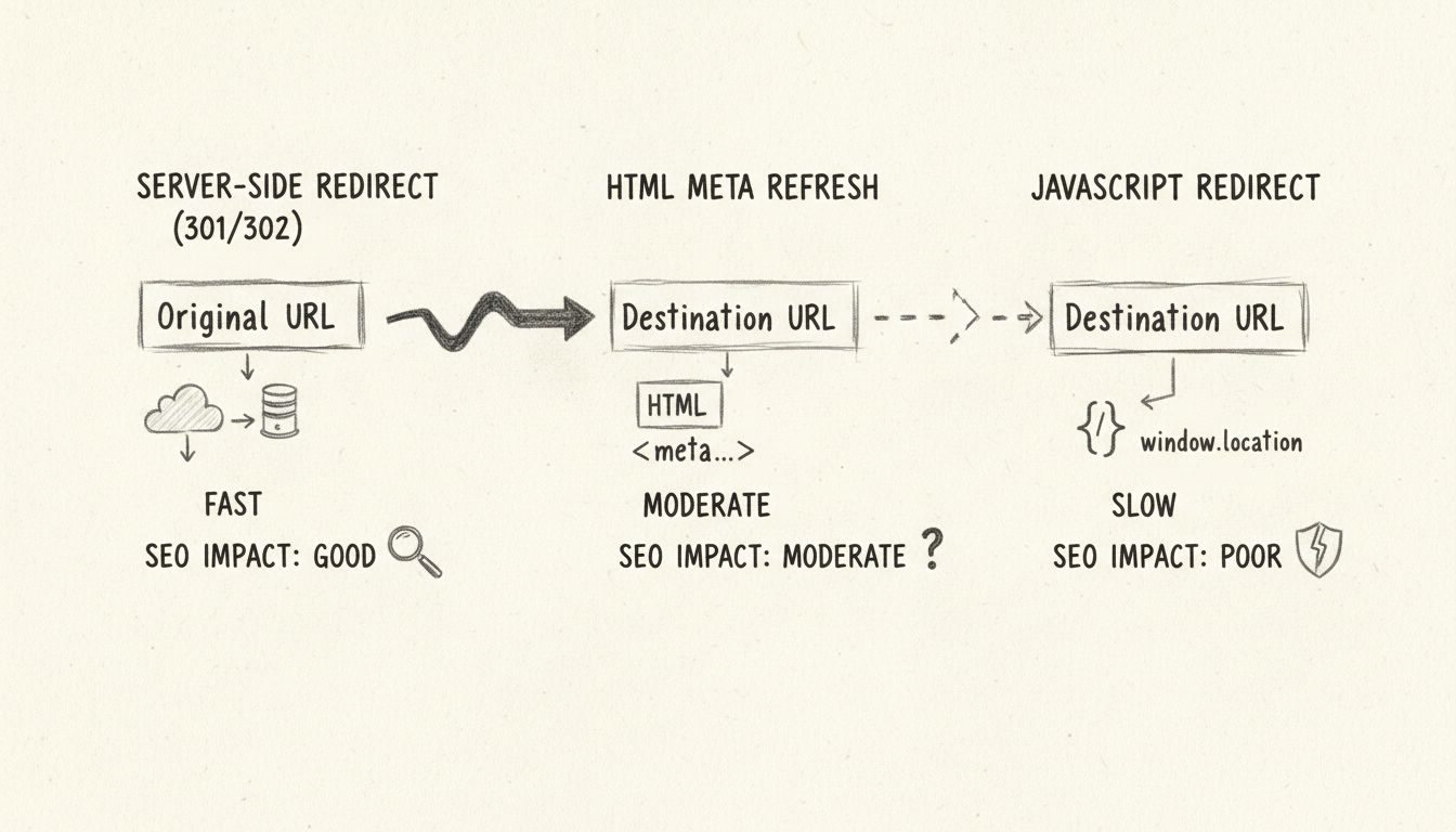 Porovnávací diagram troch metód presmerovania: serverové, HTML meta refresh a JavaScriptové presmerovania zobrazujúci rýchlosť a SEO dopad