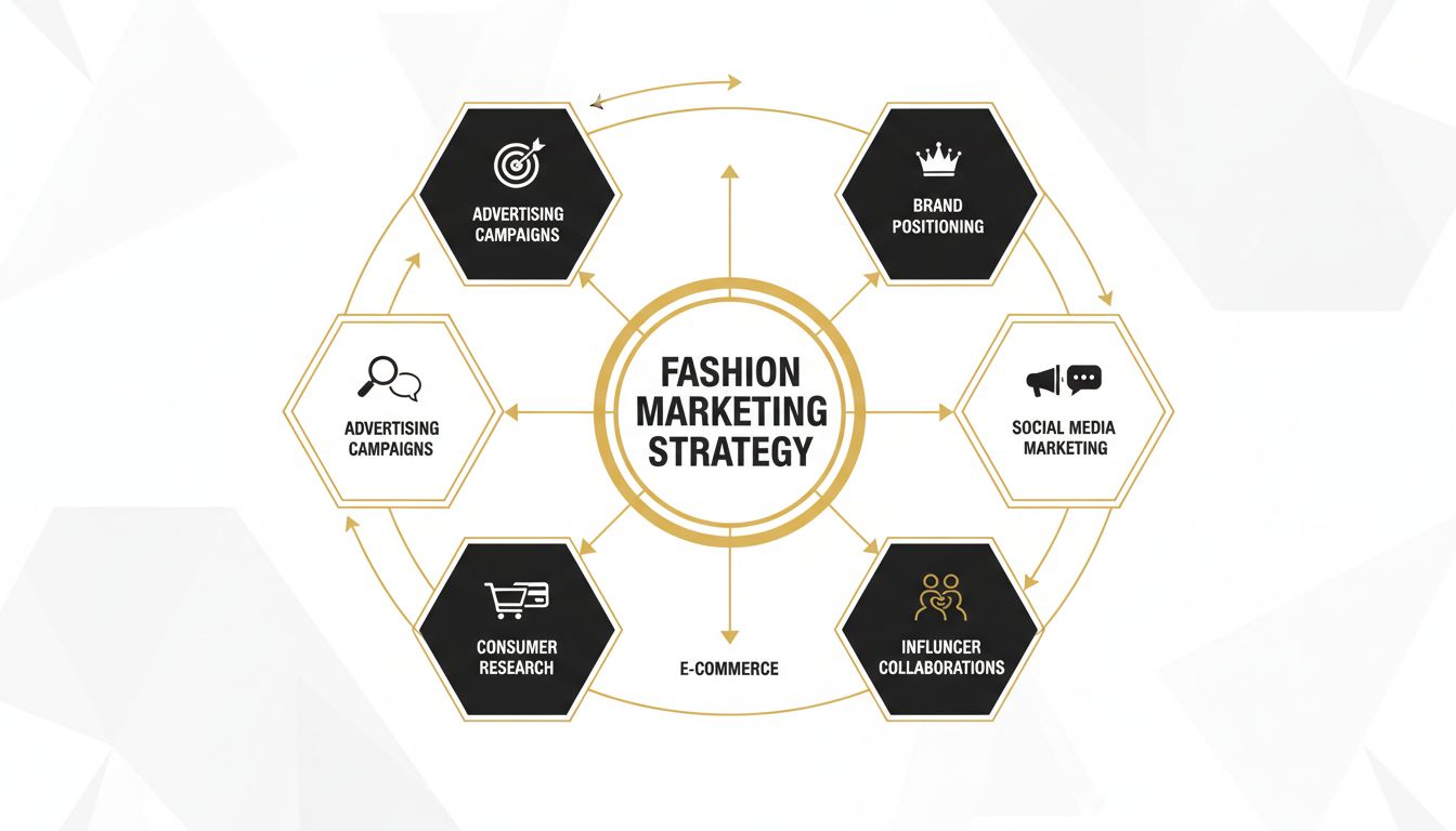 Diagram stratégie módneho marketingu zobrazujúci budovanie značky, marketing na sociálnych sieťach, spoluprácu s influencermi, e-commerce, výskum spotrebiteľa a reklamné kampane