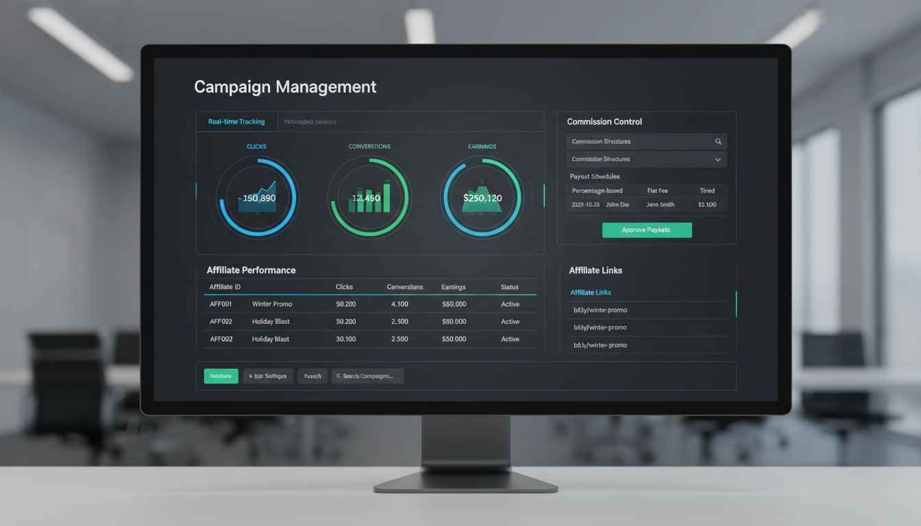 Dashboard správy affiliate marketingovej kampane zobrazujúci sledovanie v reálnom čase, kontrolu provízií a analytiku výkonnosti